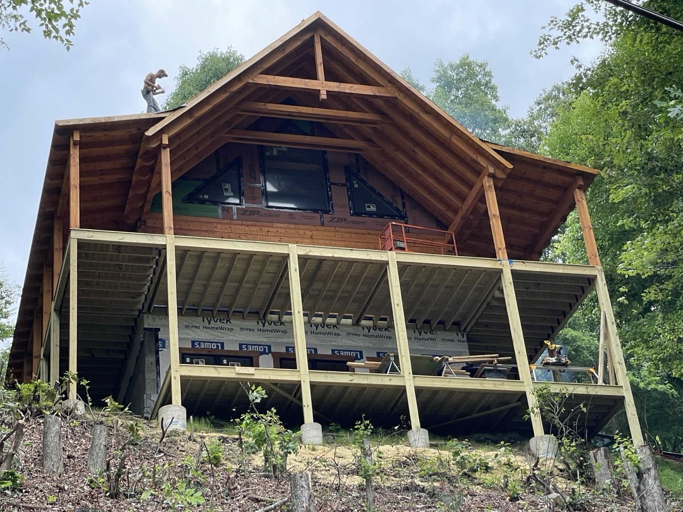 Timber-framed cabin under construction among the trees